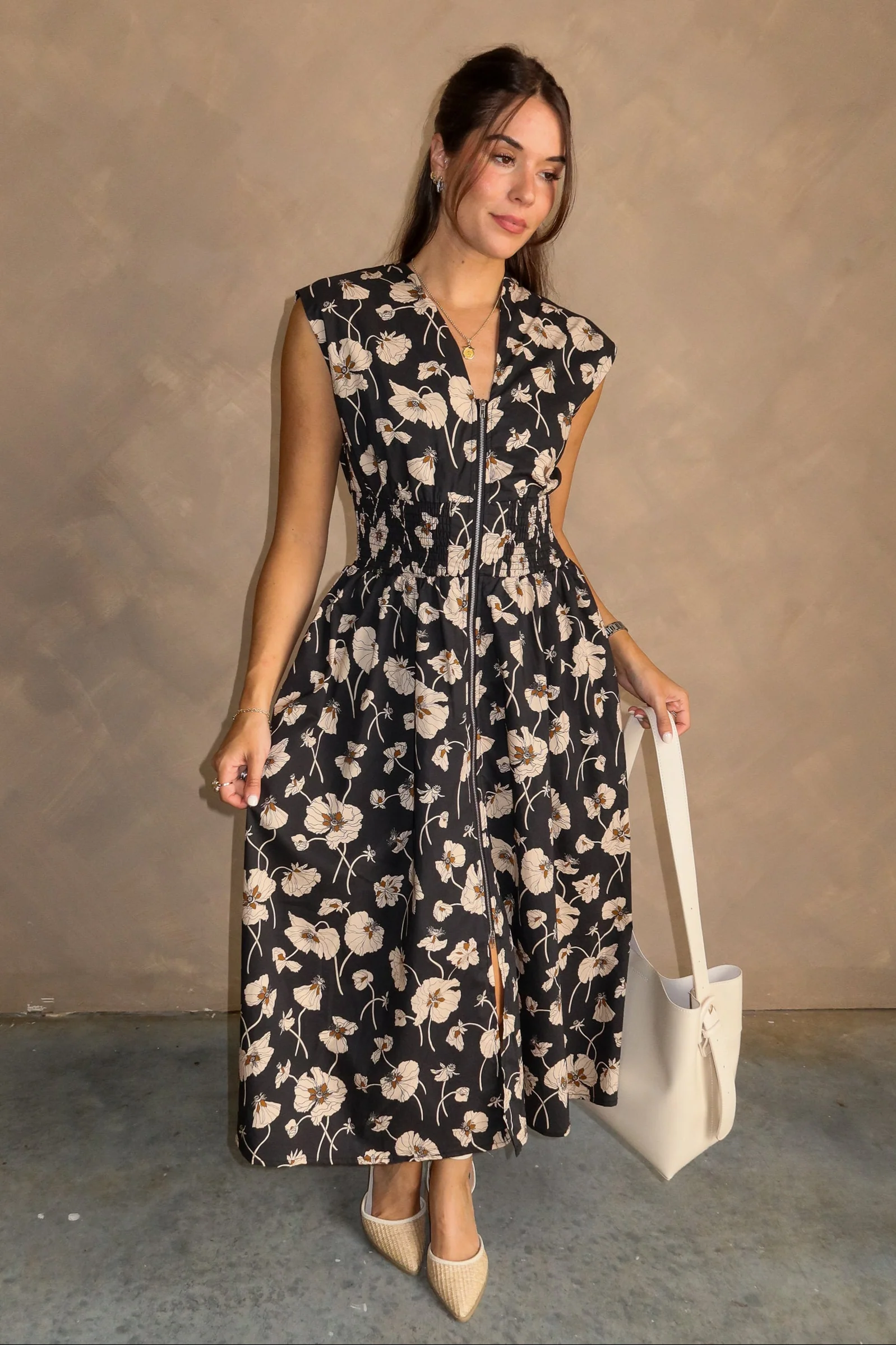Stella Black Floral Zip-Up Midi Dress - Image 6
