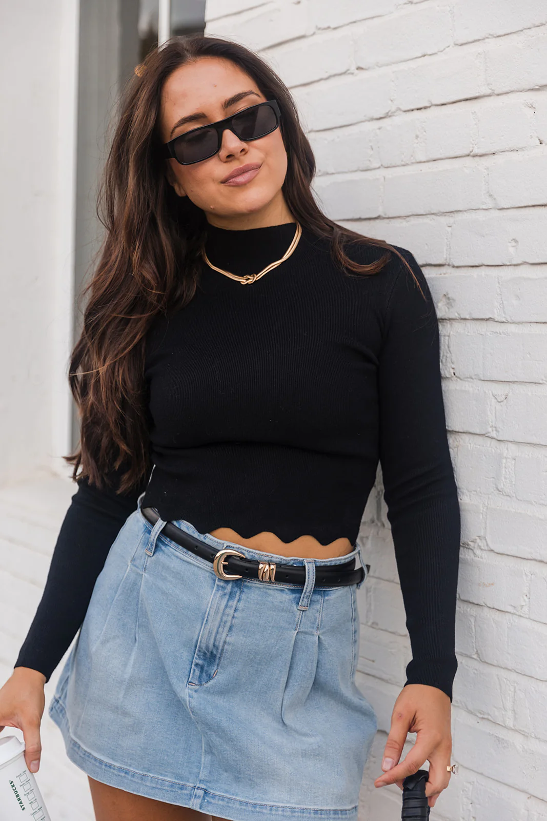 Stella Black Scallop Long Sleeve Top