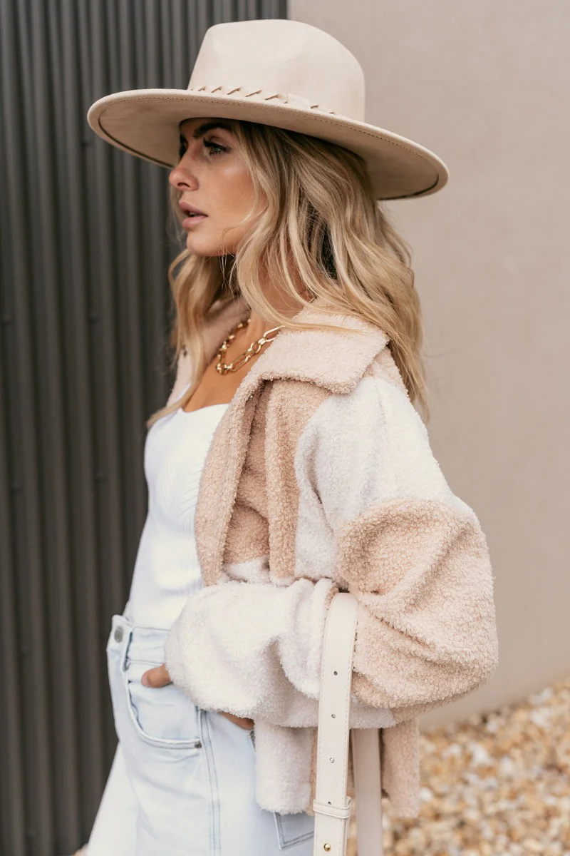 Stephanie Beige & White Checkered Sherpa Shacket - Image 5