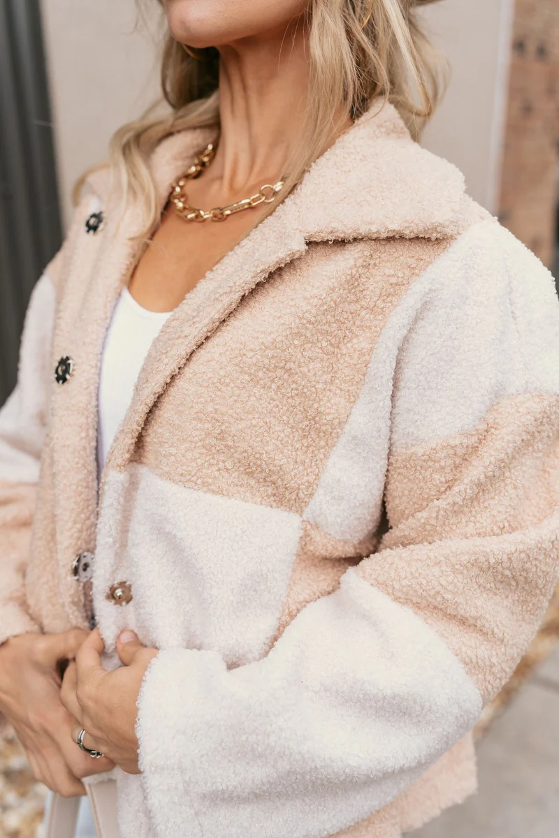 Stephanie Beige & White Checkered Sherpa Shacket - Image 7