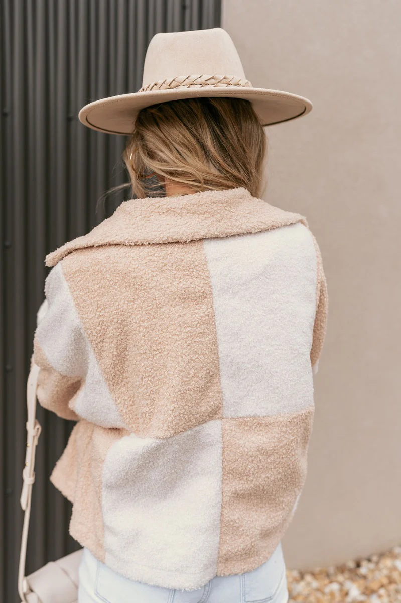 Stephanie Beige & White Checkered Sherpa Shacket - Image 8