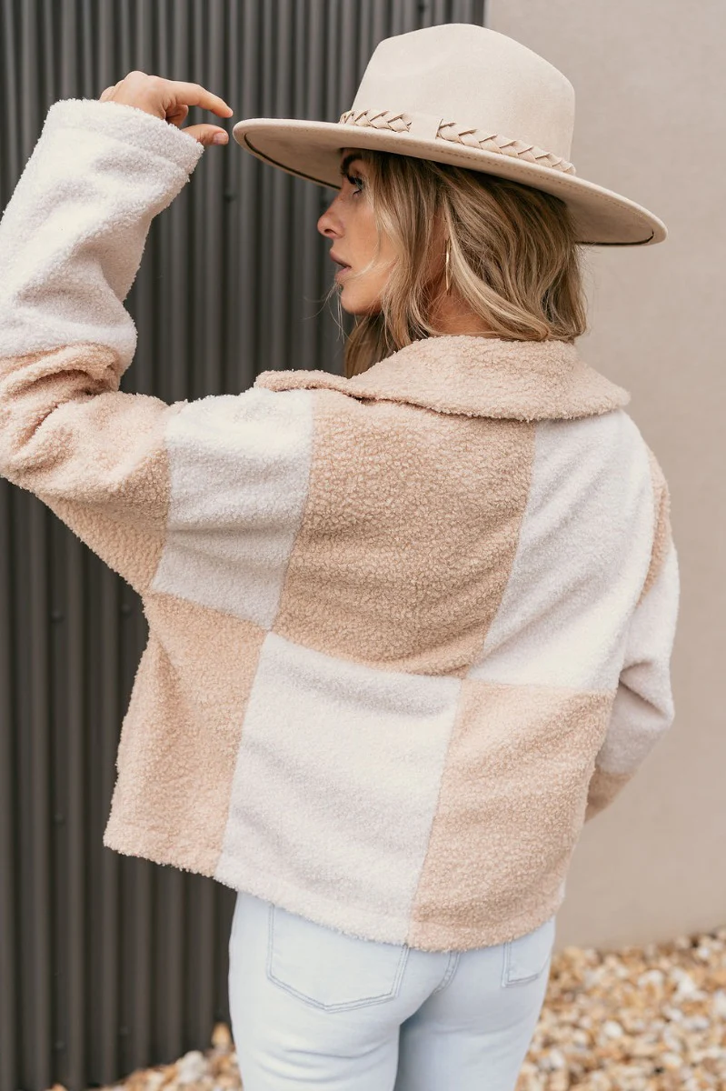 Stephanie Beige & White Checkered Sherpa Shacket - Image 9