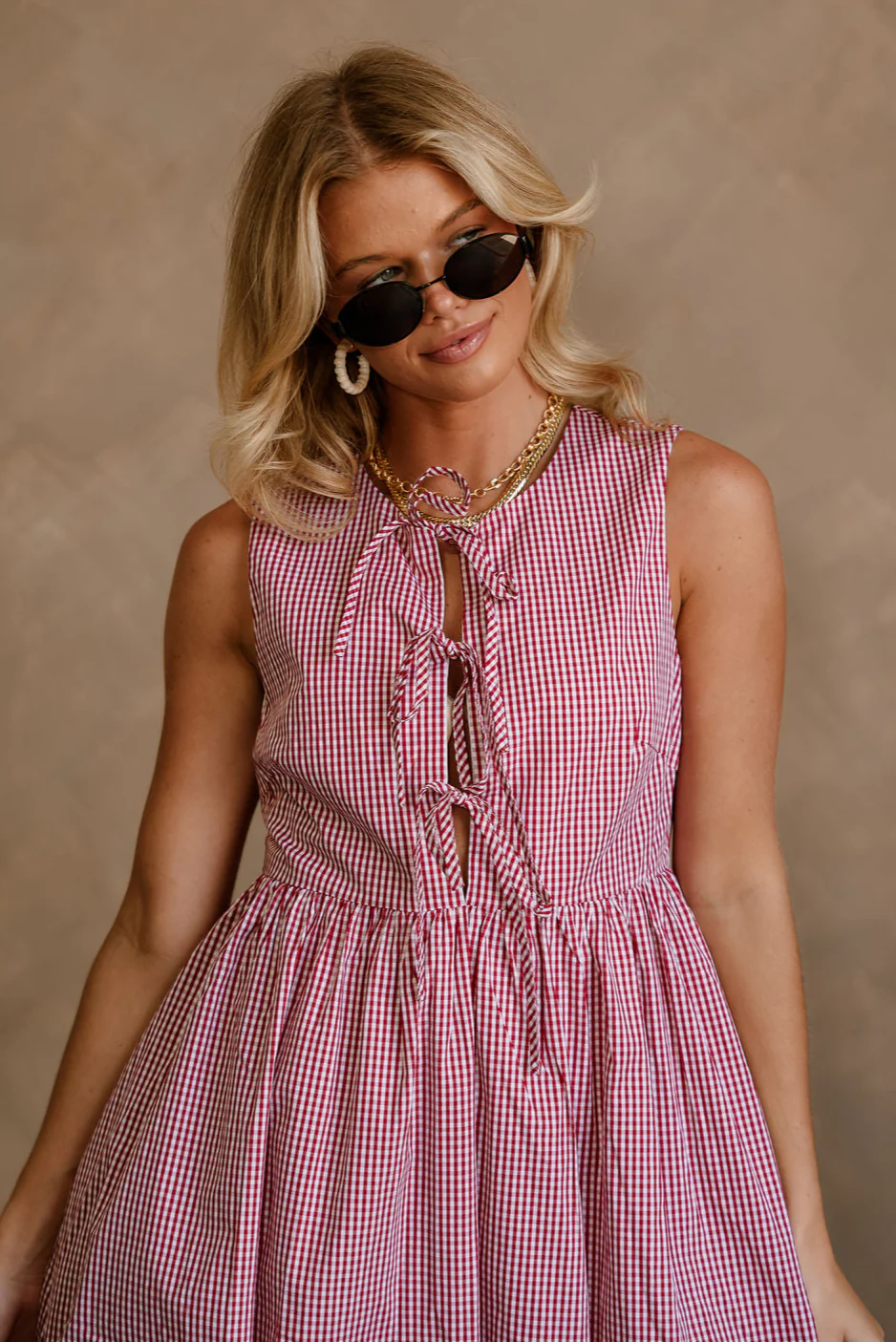 Stephanie Red & White Gingham Bubble Mini Dress - Image 5