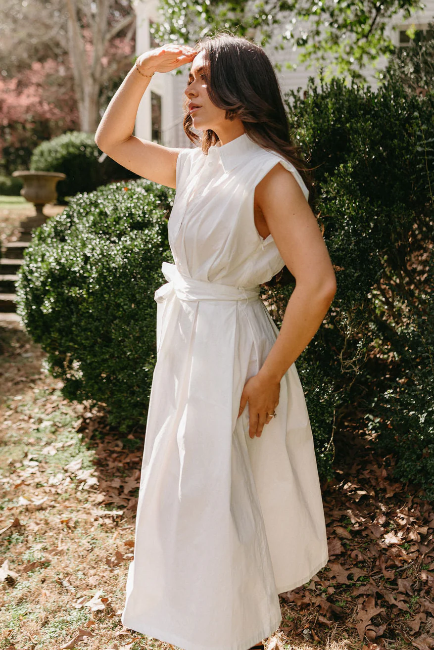 Stephanie White Tie Belt Midi Dress - Image 6
