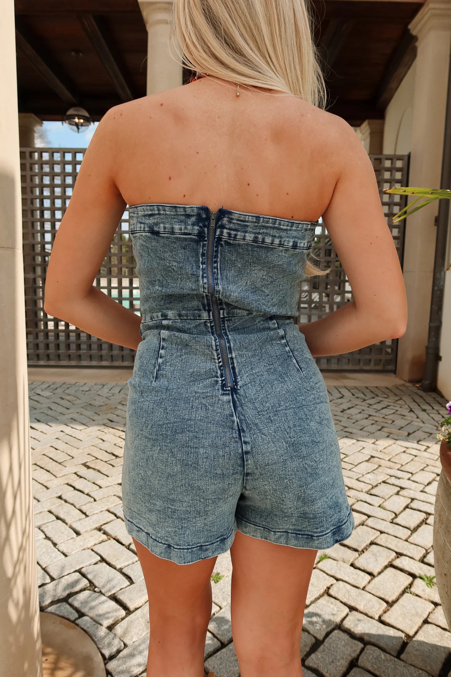 Stevie Blue Acid Denim Skirt Romper - Image 4