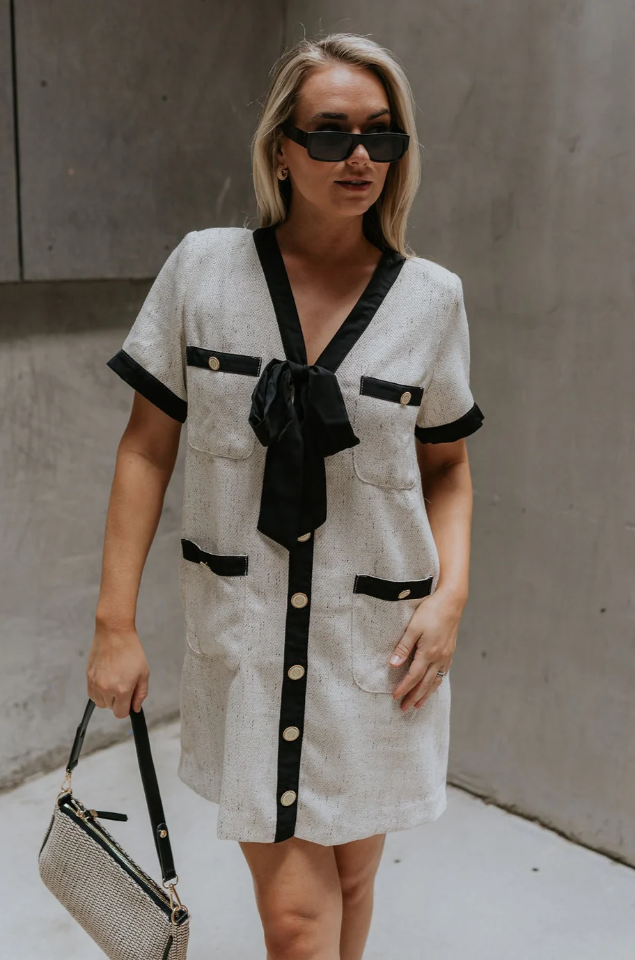 Stevie Oatmeal & Black Short Sleeve Mini Dress