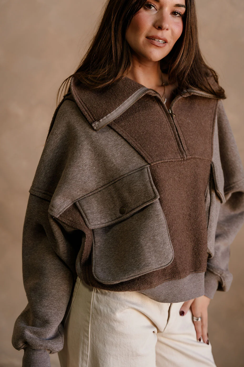 Stevie Washed Brown Quarter Zip Pullover - Image 5