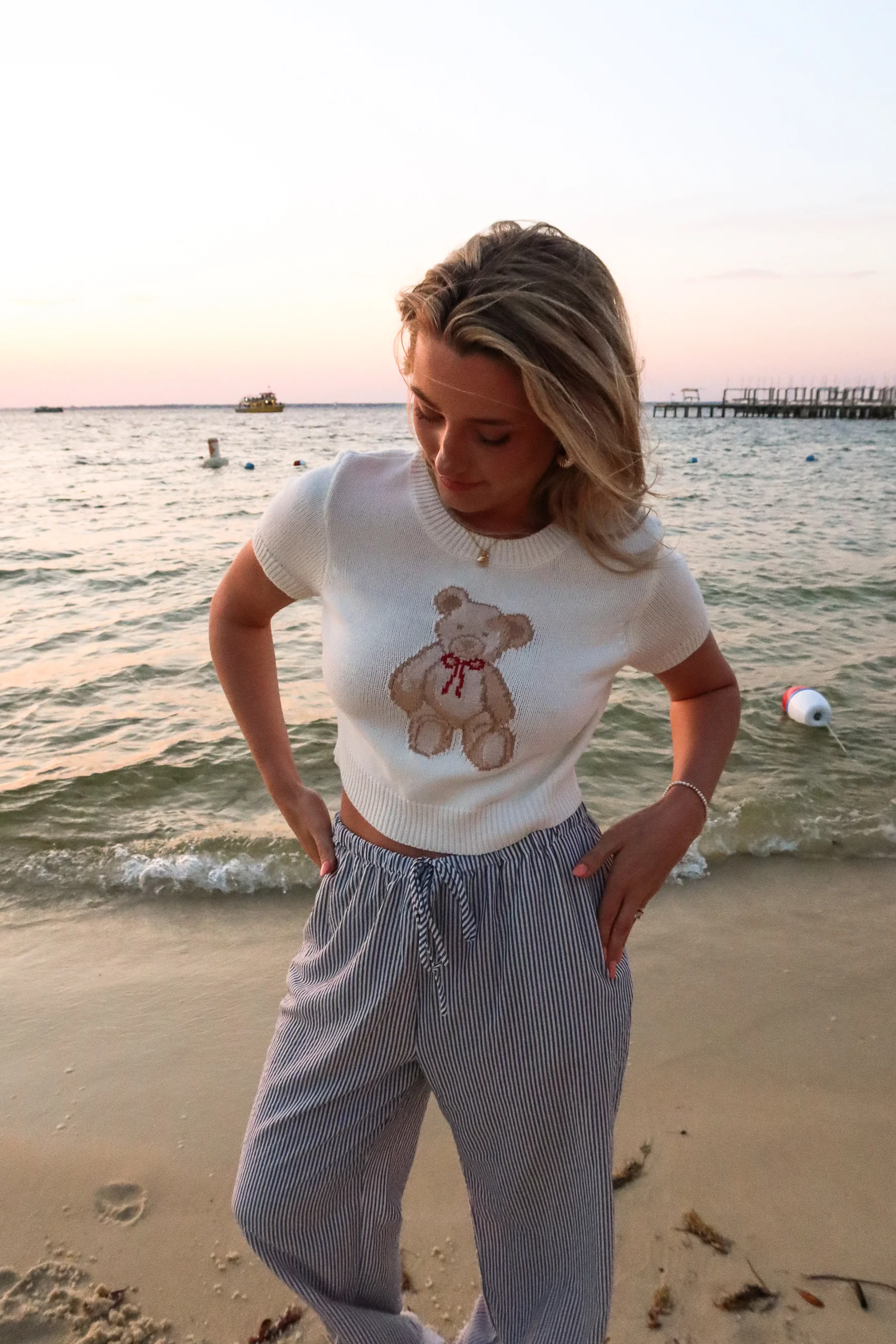 Sutton White Teddy Bear Short Sleeve Sweater - Image 2