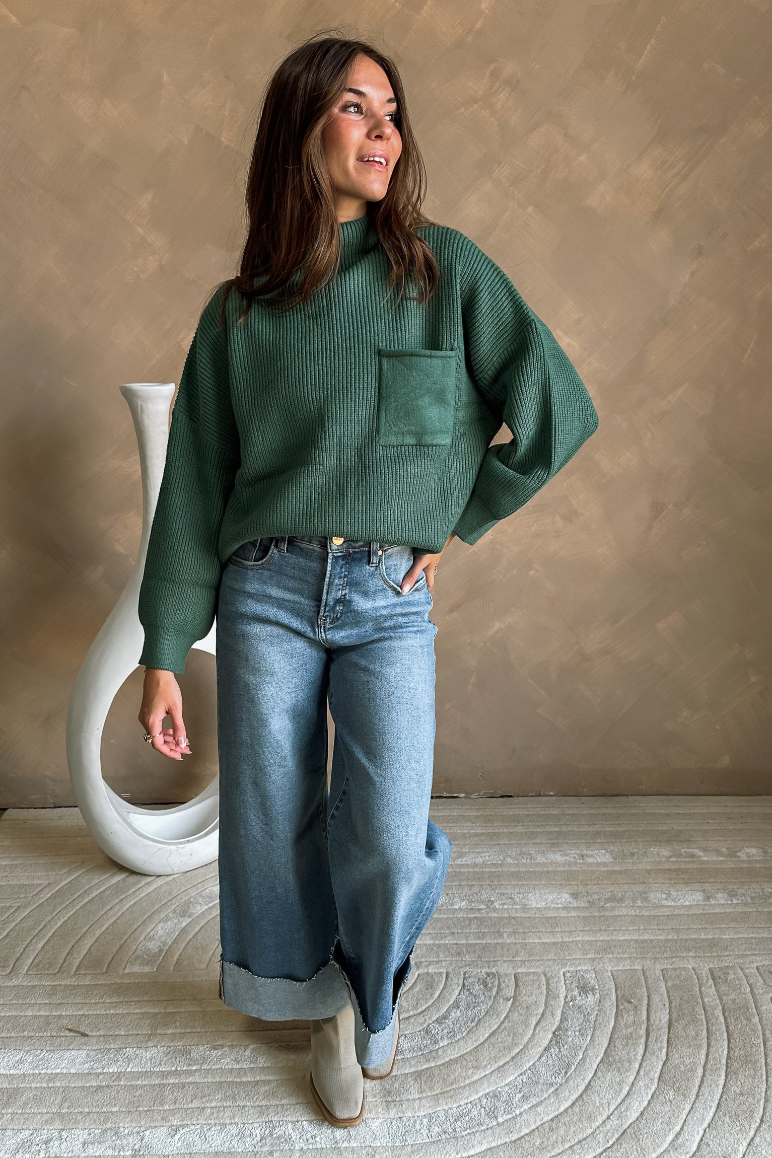 Angelica Slate Green Ribbed Knit Sweater - Image 4
