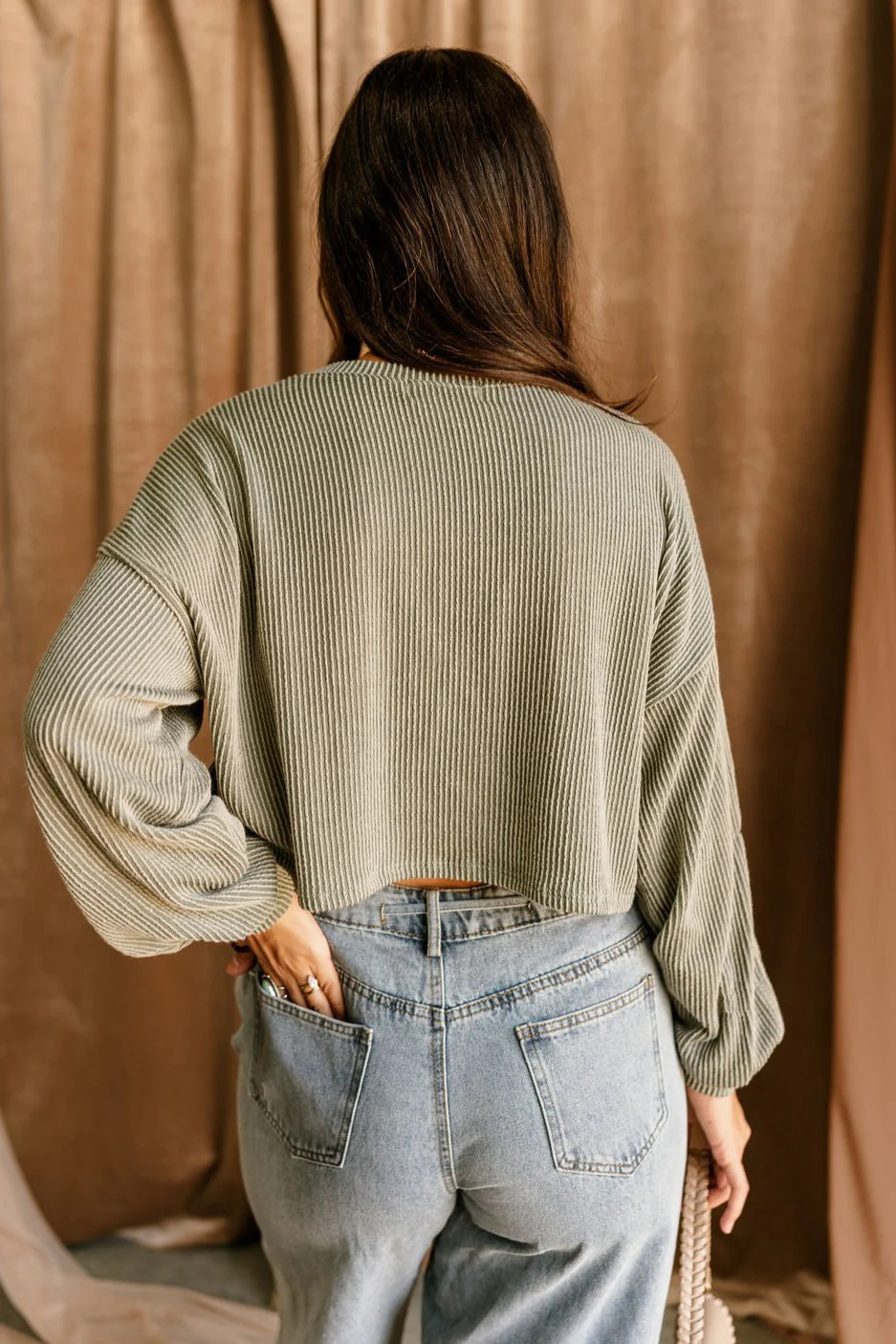 Leila Army Green Ribbed Long Sleeve Top - Image 4