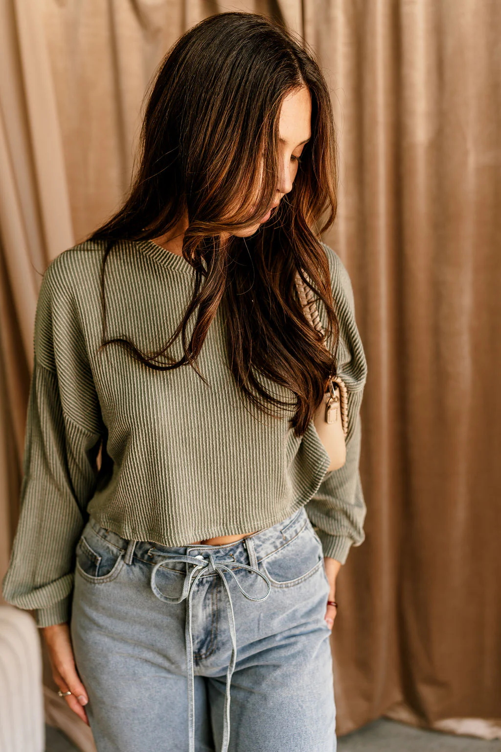 Leila Army Green Ribbed Long Sleeve Top - Image 5
