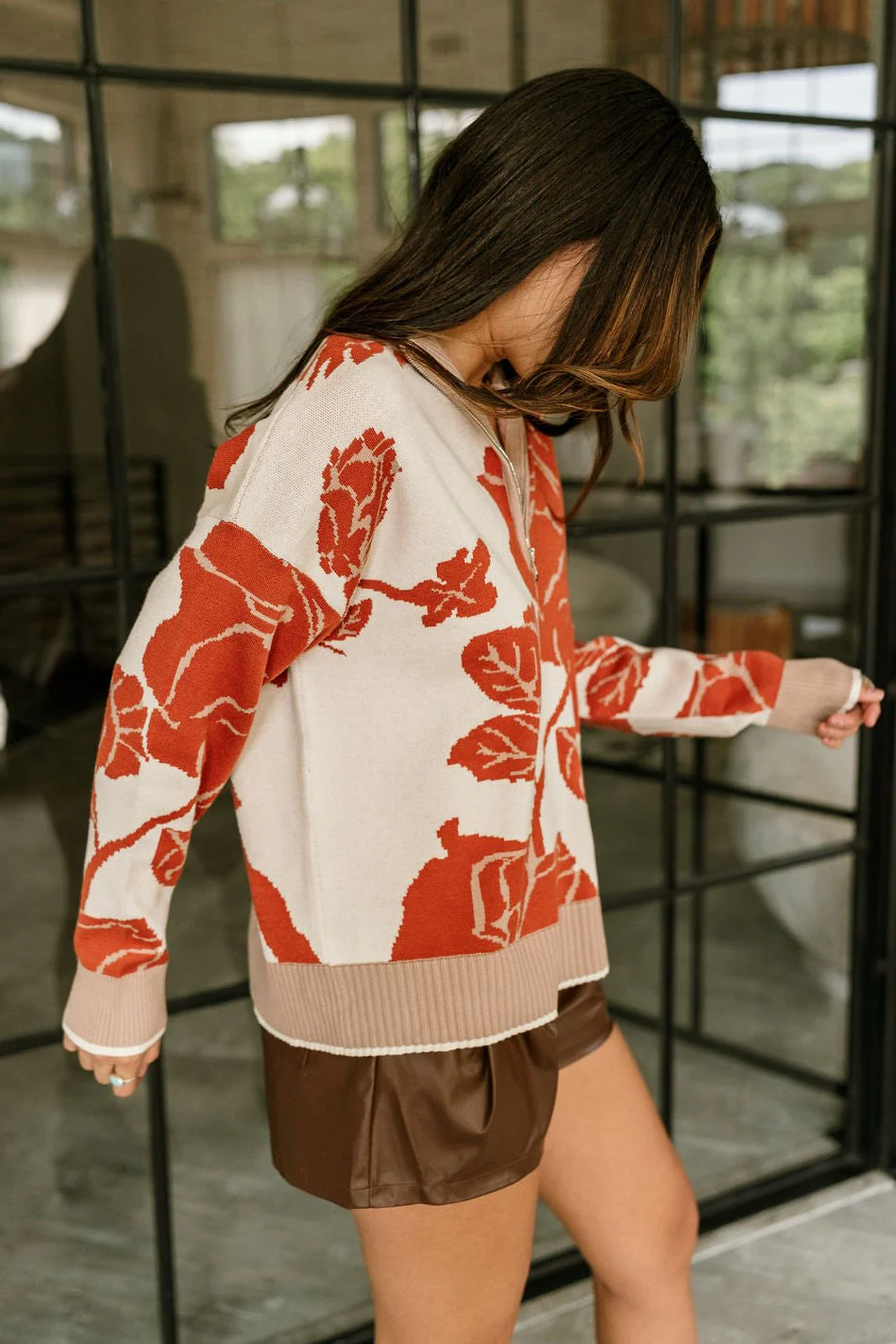 Eliana Rust & Cream Floral Quarter Zip Sweater - Image 4