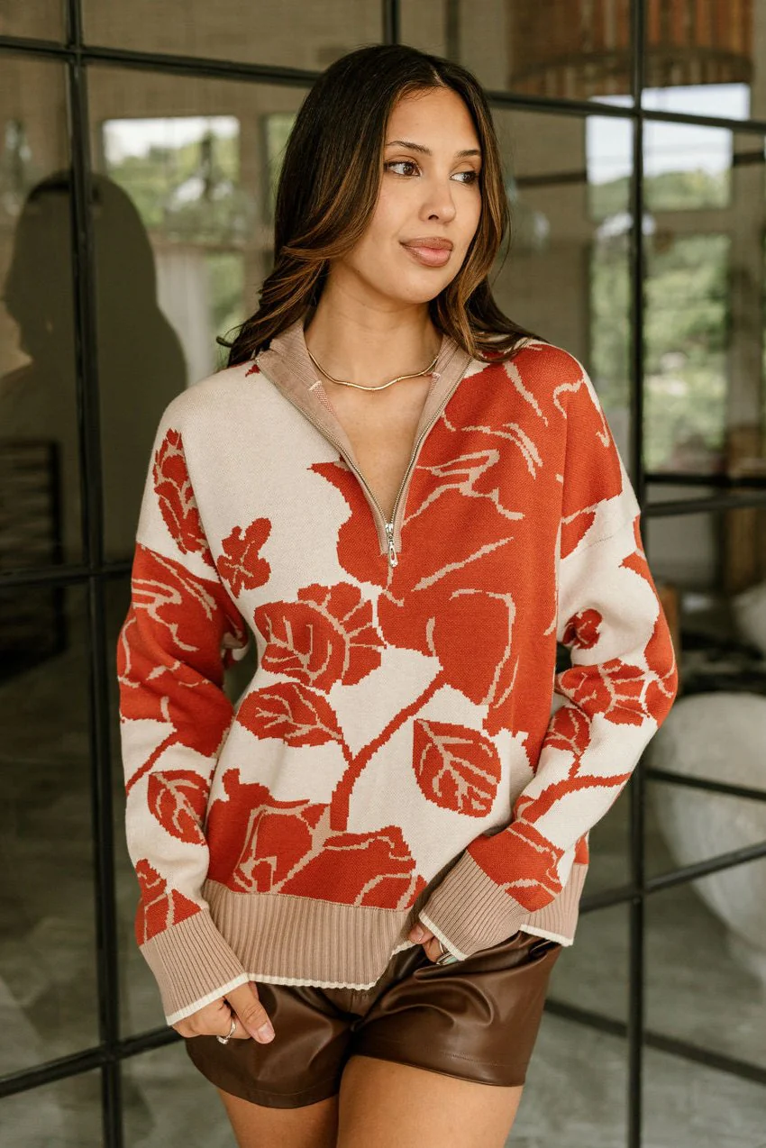 Eliana Rust & Cream Floral Quarter Zip Sweater - Image 6