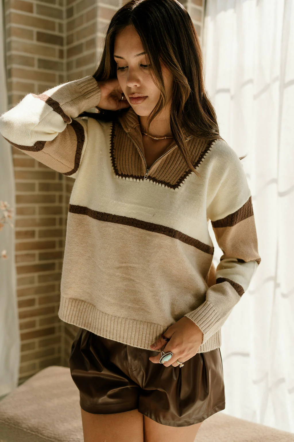Clara Mocha Multi Quarter Zip Up Sweater - Image 2