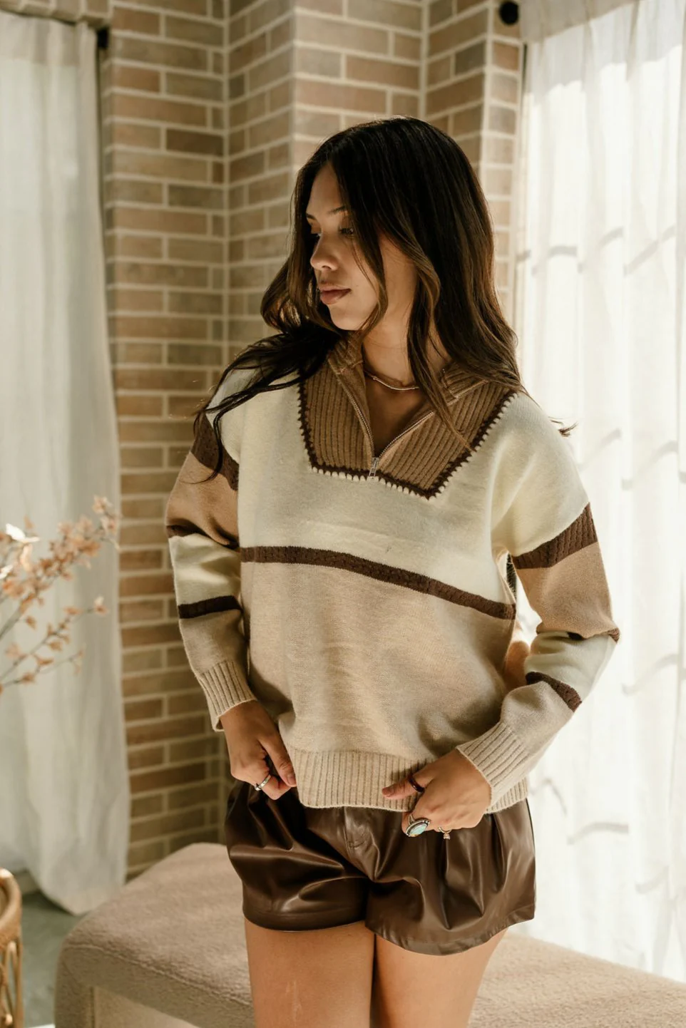 Clara Mocha Multi Quarter Zip Up Sweater - Image 5