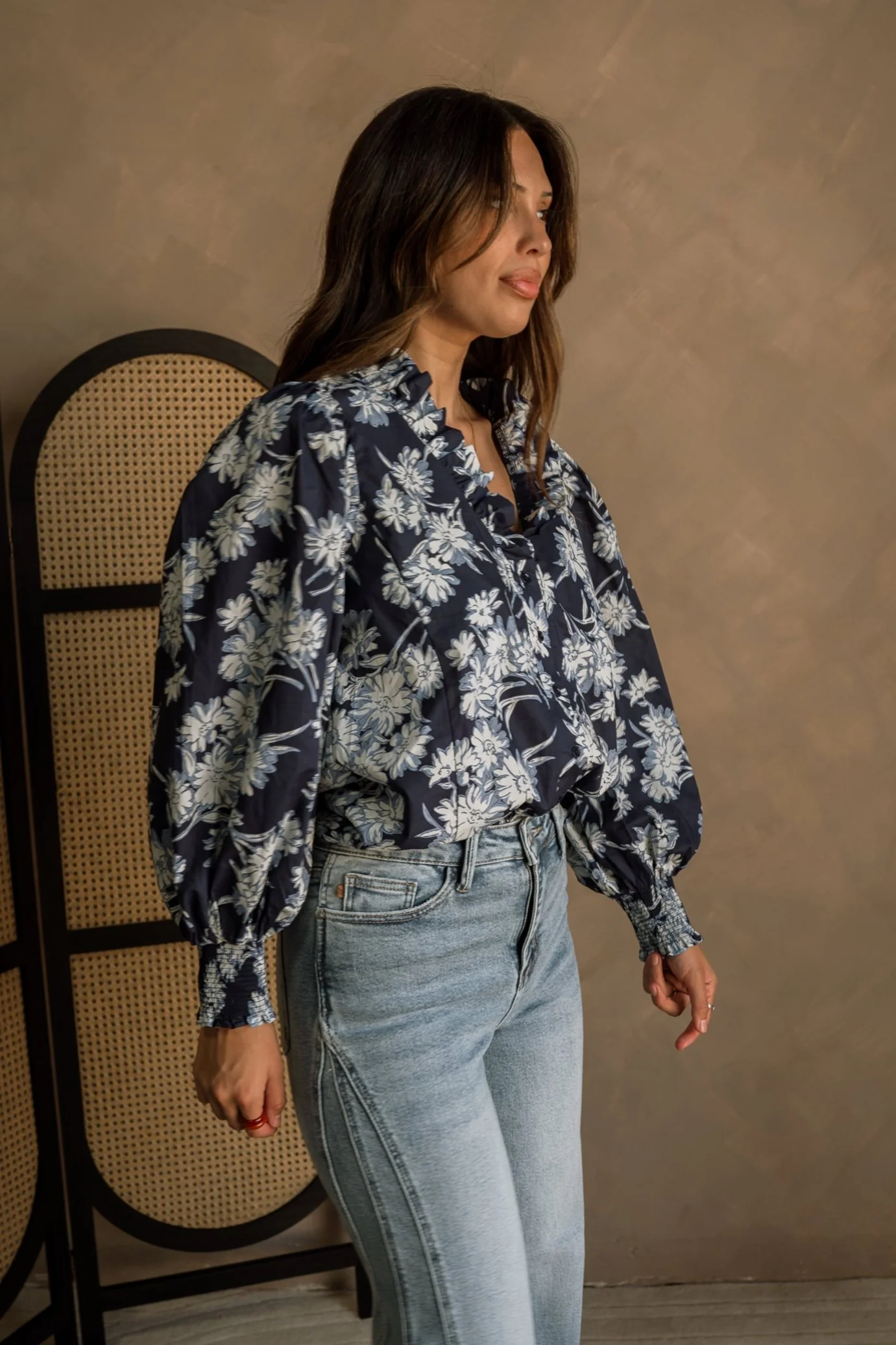 Ema Navy & White Floral Long Sleeve Top - Image 2