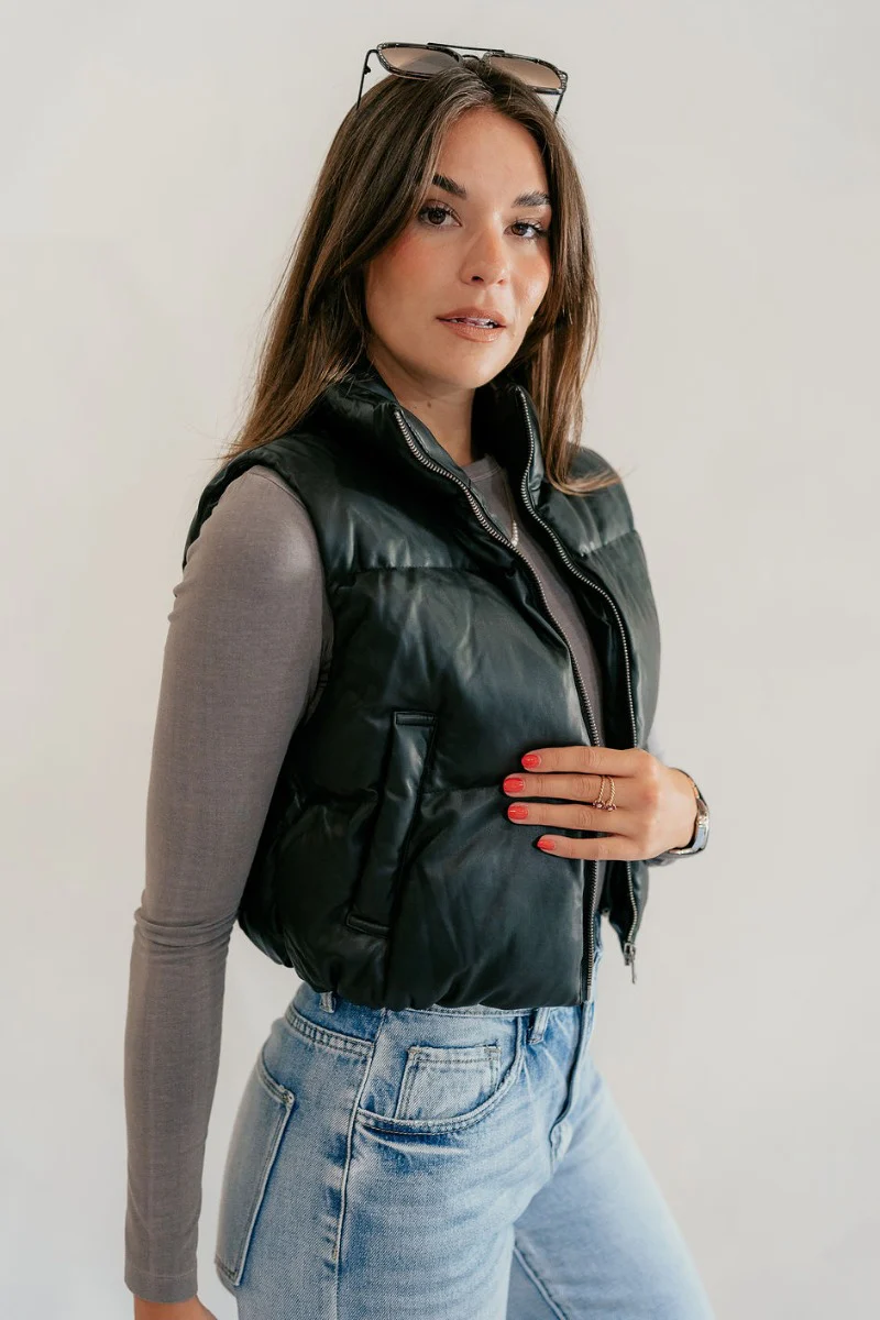 Tahoe Black Faux Leather Puffer Cropped Vest