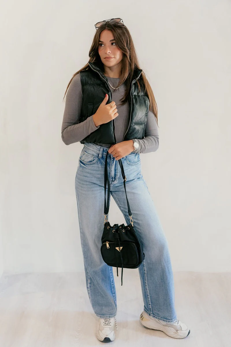 Tahoe Black Faux Leather Puffer Cropped Vest - Image 2