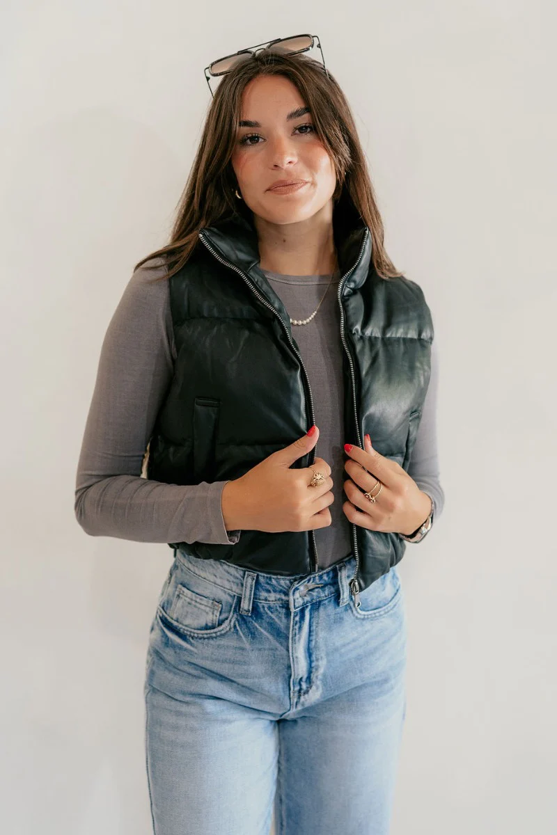 Tahoe Black Faux Leather Puffer Cropped Vest - Image 3