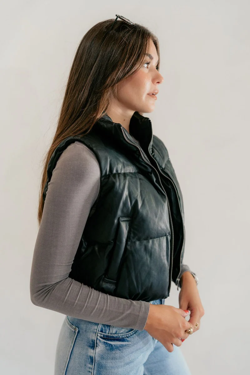 Tahoe Black Faux Leather Puffer Cropped Vest - Image 4