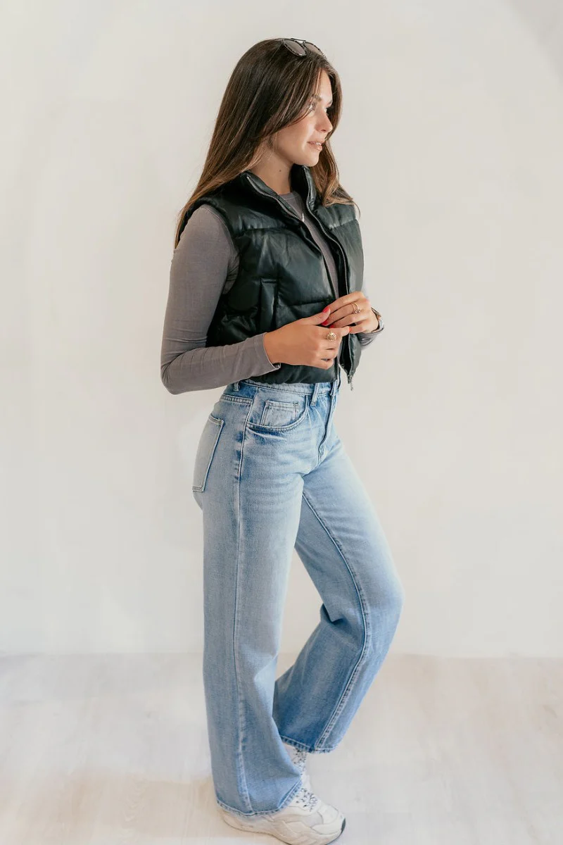Tahoe Black Faux Leather Puffer Cropped Vest - Image 5