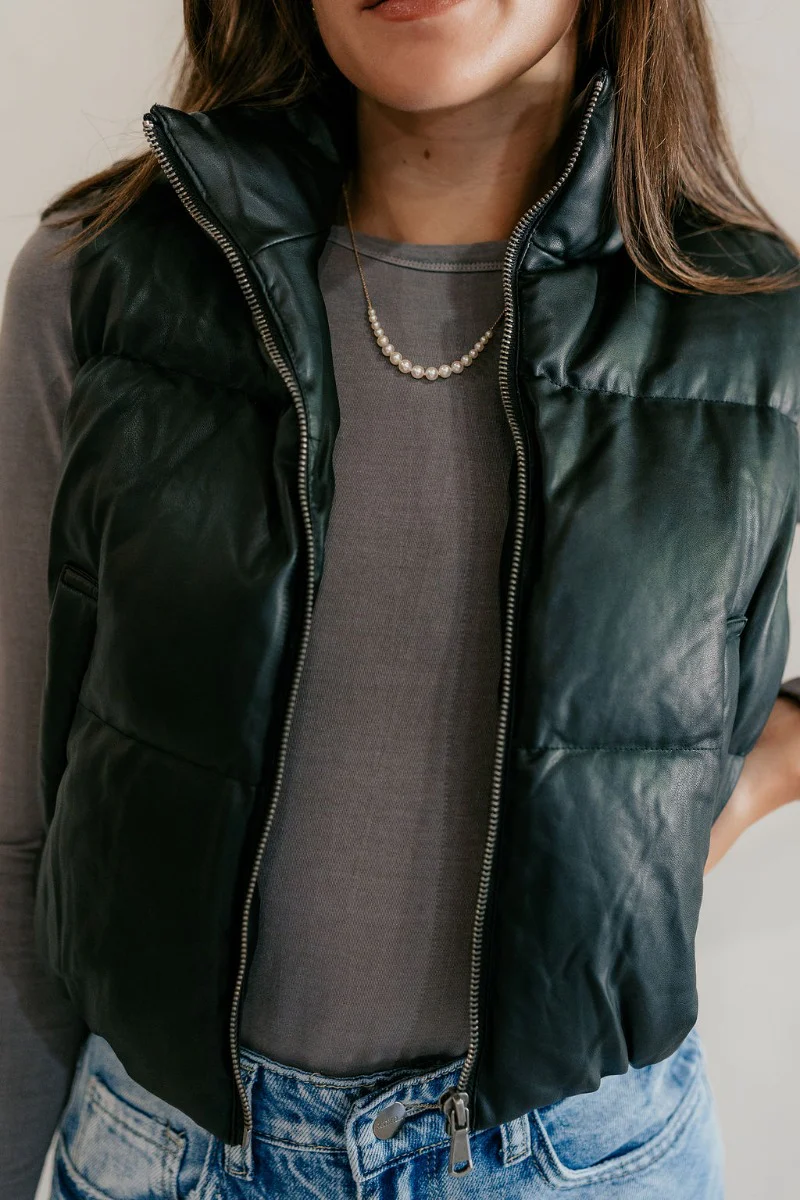 Tahoe Black Faux Leather Puffer Cropped Vest - Image 6