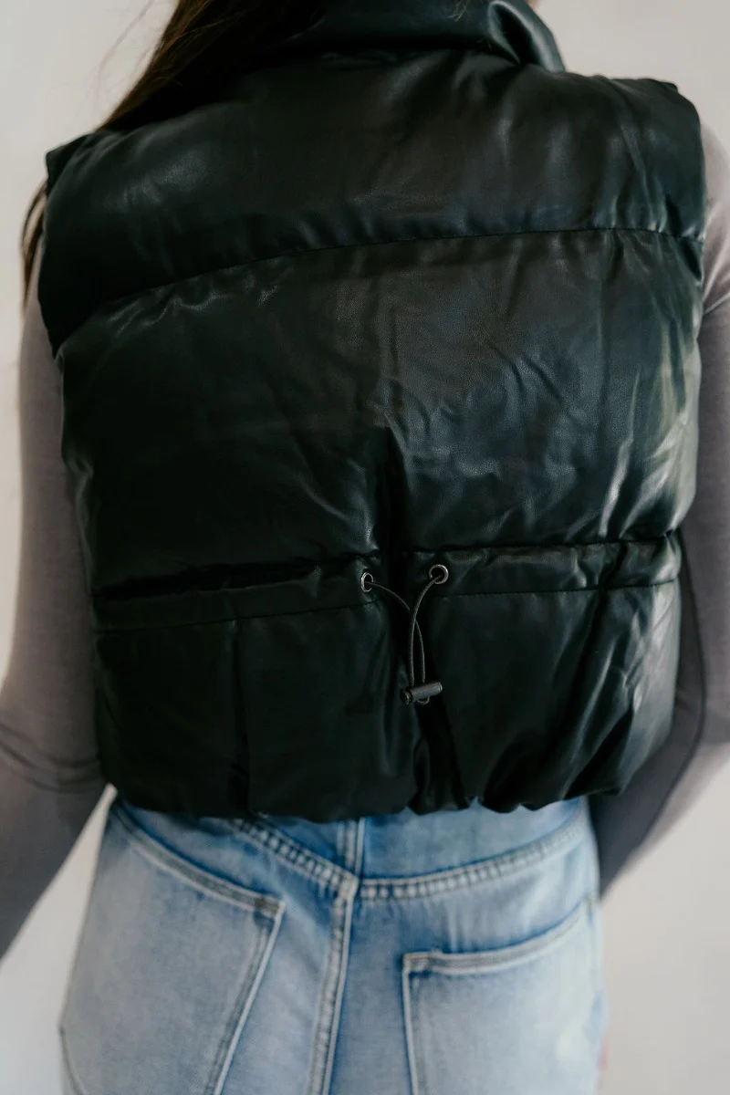 Tahoe Black Faux Leather Puffer Cropped Vest - Image 7