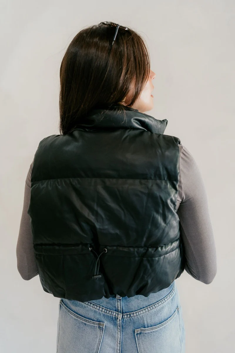 Tahoe Black Faux Leather Puffer Cropped Vest - Image 8