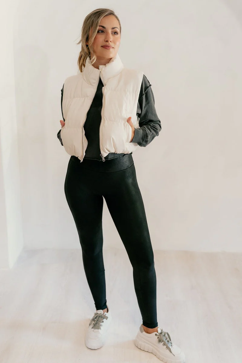 Tahoe Cream Faux Leather Puffer Cropped Vest - Image 2
