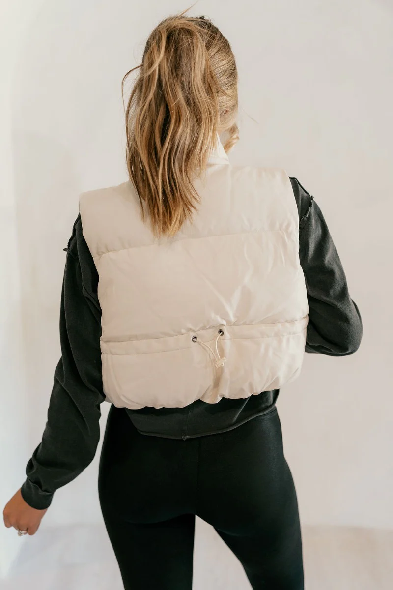 Tahoe Cream Faux Leather Puffer Cropped Vest - Image 7