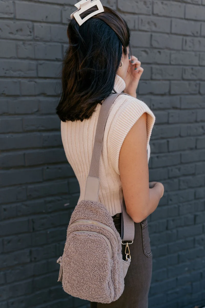 Talia Taupe Sherpa Sling Bag - Image 4