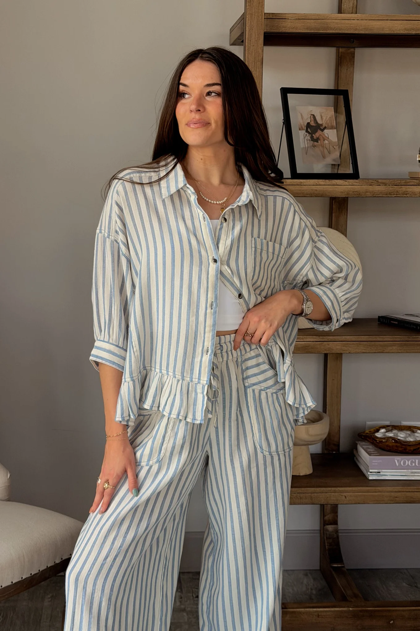 Tara Blue & Ivory Stripe Ruffled Top