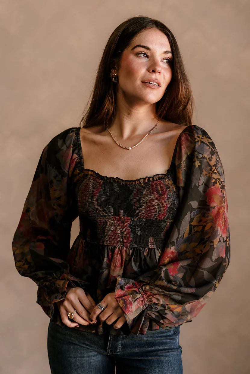 Tatum Black Multi Floral Long Sleeve Top - Image 3