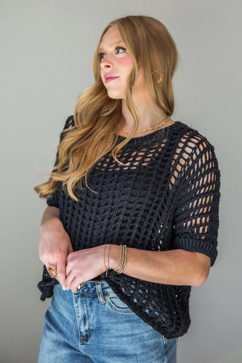 Tatum Black Open Knit Short Sleeve Top - Image 3