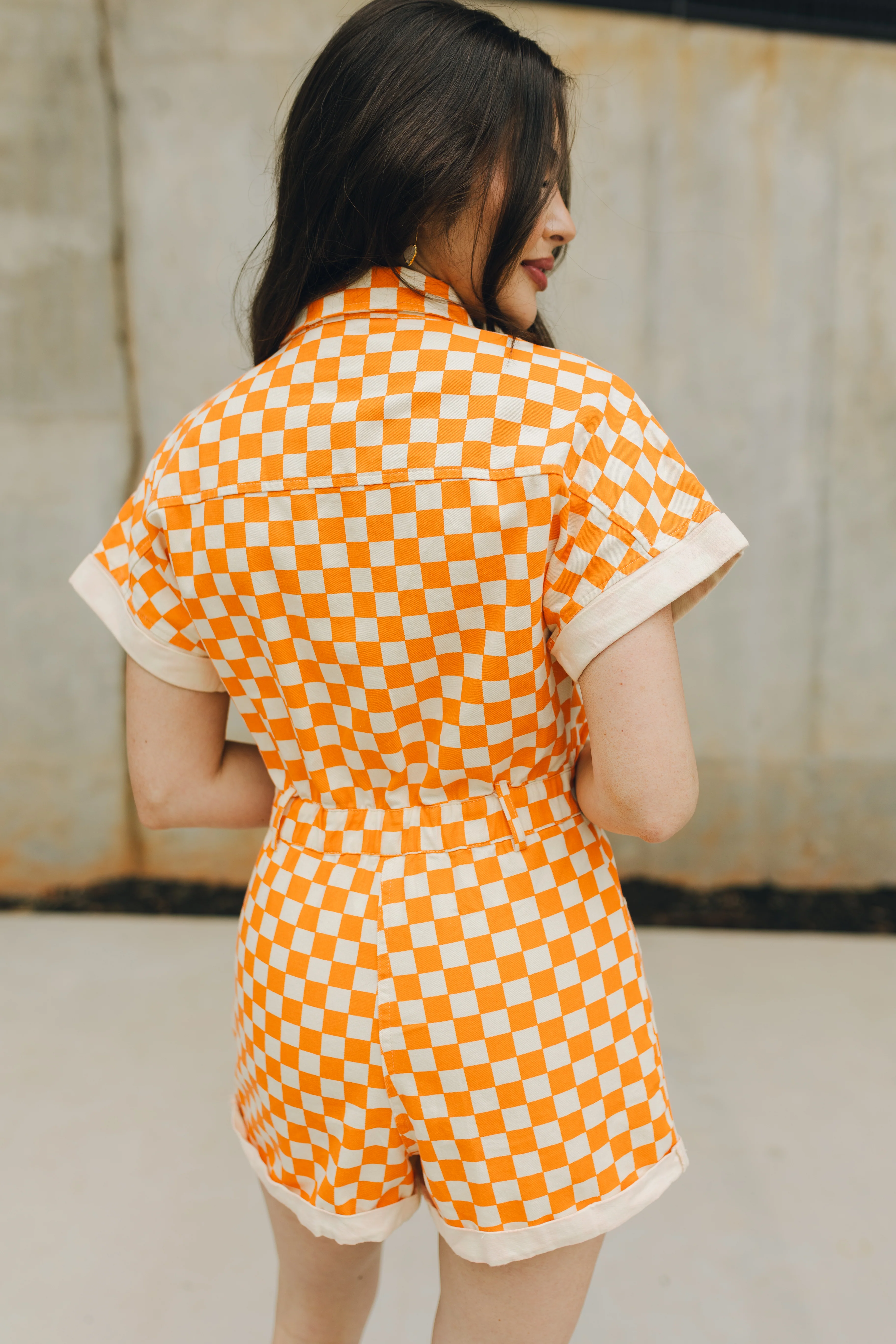 Tatum Orange and Cream Checkered Romper - Image 6