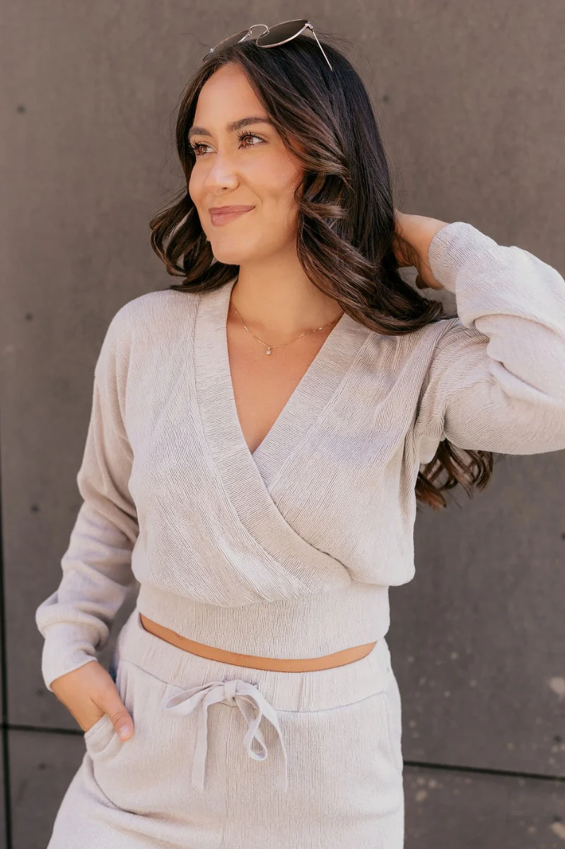 Teagan Light Grey Ribbed Long Sleeve Top - Image 2