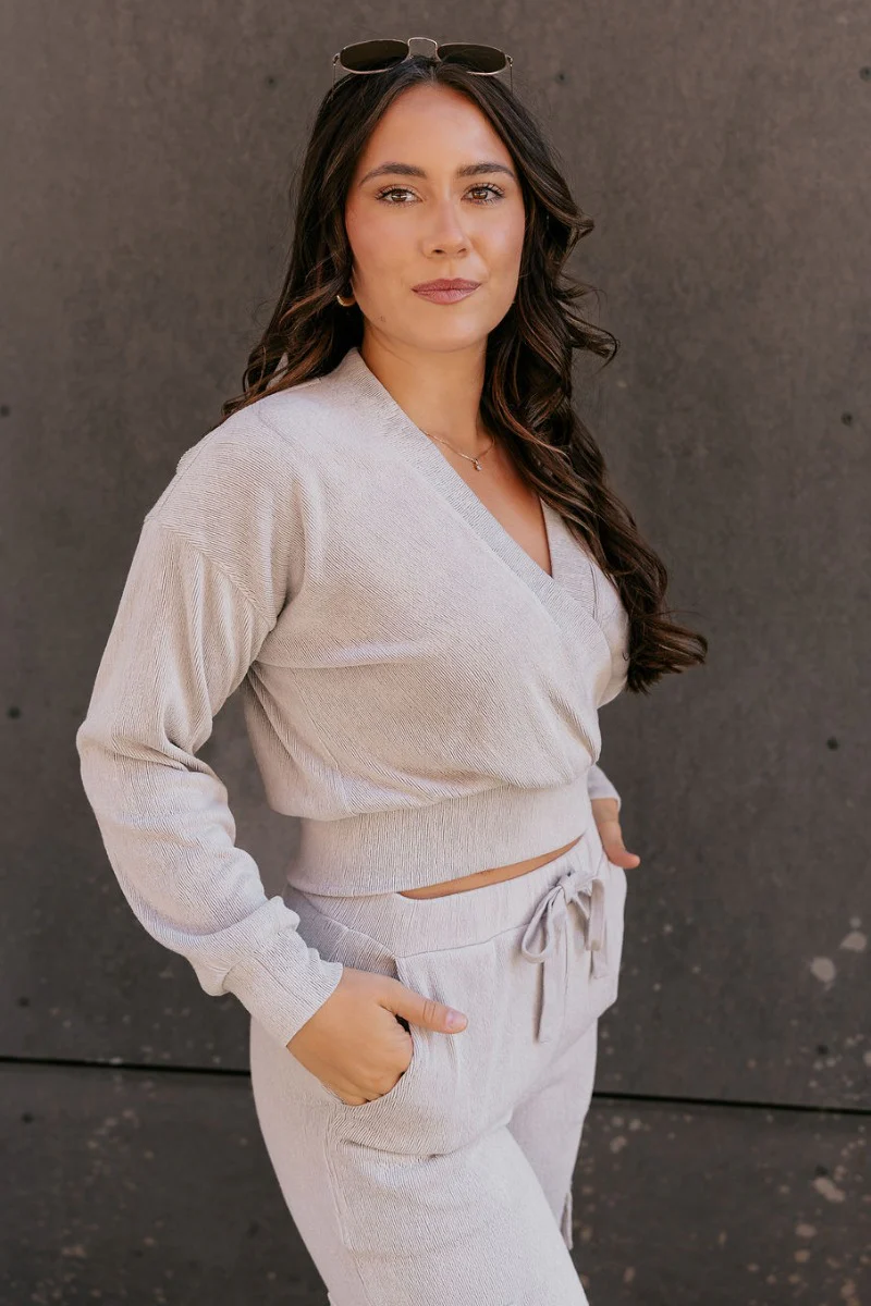 Teagan Light Grey Ribbed Long Sleeve Top - Image 3