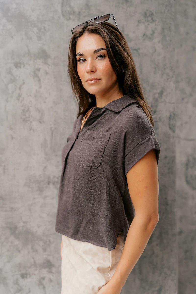 Teri Grey Front Pocket Short Sleeve Top - Image 4