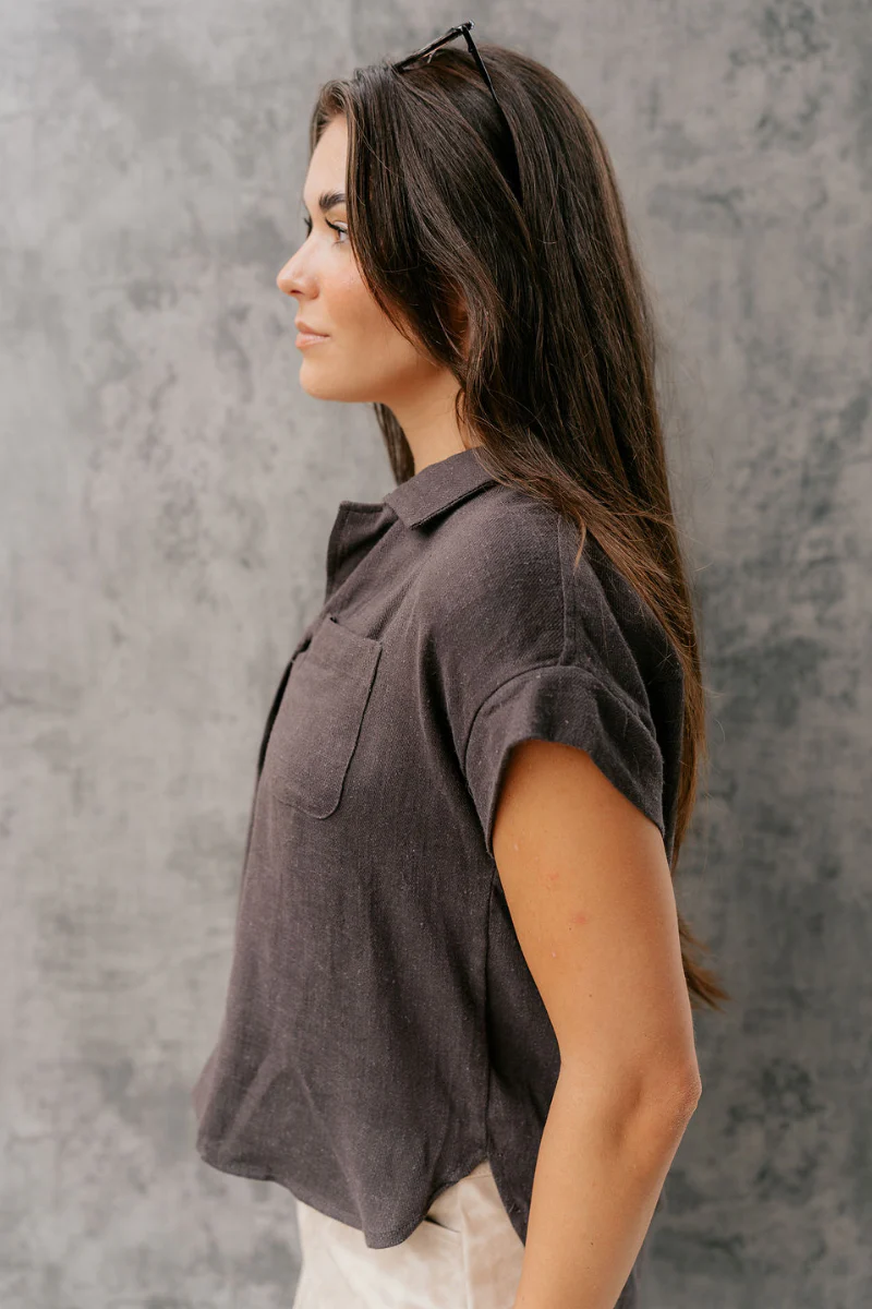 Teri Grey Front Pocket Short Sleeve Top - Image 5