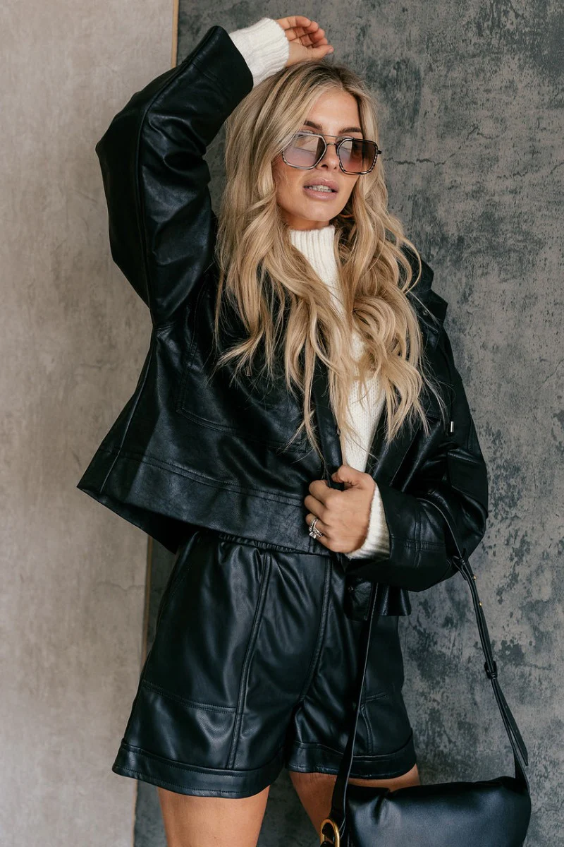 Tessa Black Faux Leather Cargo Long Sleeve Jacket - Image 2