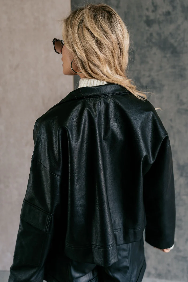 Tessa Black Faux Leather Cargo Long Sleeve Jacket - Image 8