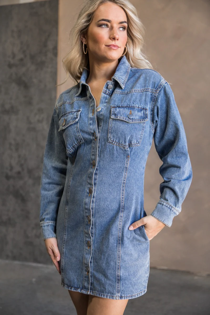 Tessa Blue Denim Long Sleeve Mini Dress - Image 2