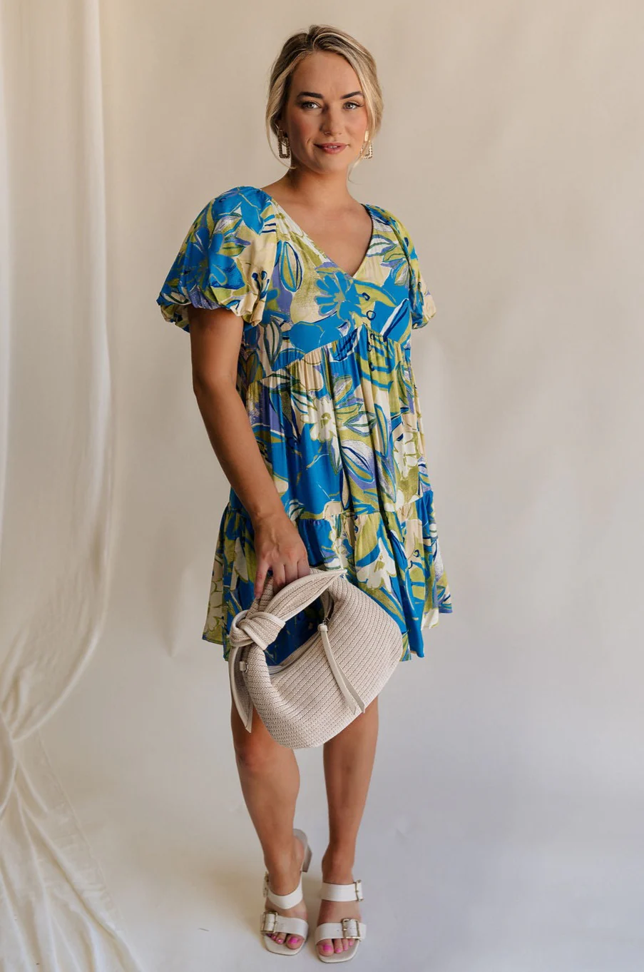 Tessa Blue & Lime Green Floral Mini Dress - Image 3