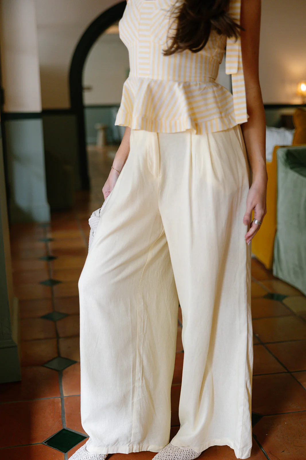 Tessa Pale Yellow Linen Wide Leg Pants - Image 2