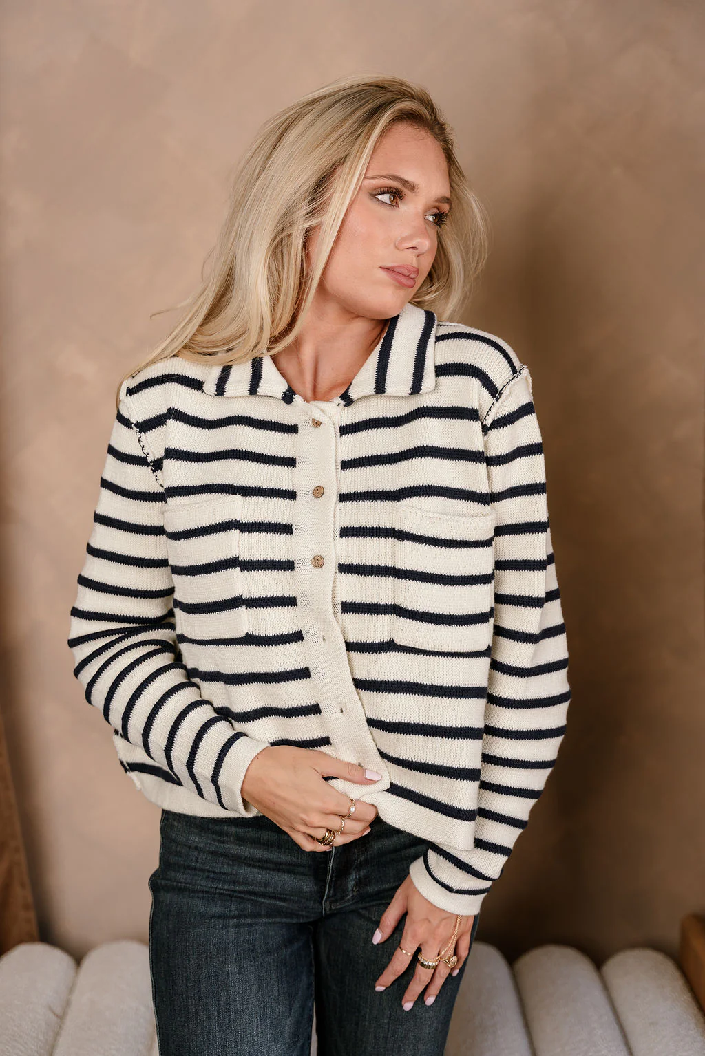 Thea Cream & Navy Stripe Knit Cardigan