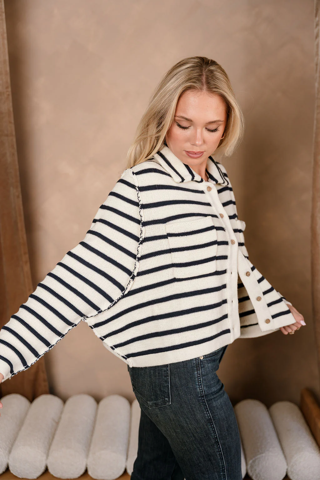Thea Cream & Navy Stripe Knit Cardigan - Image 3