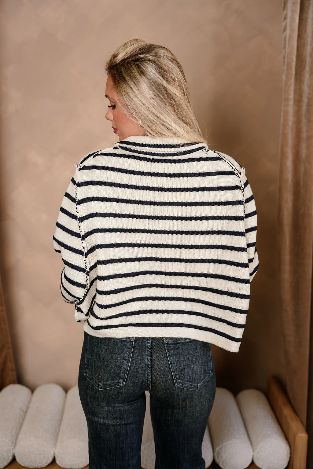 Thea Cream & Navy Stripe Knit Cardigan - Image 4