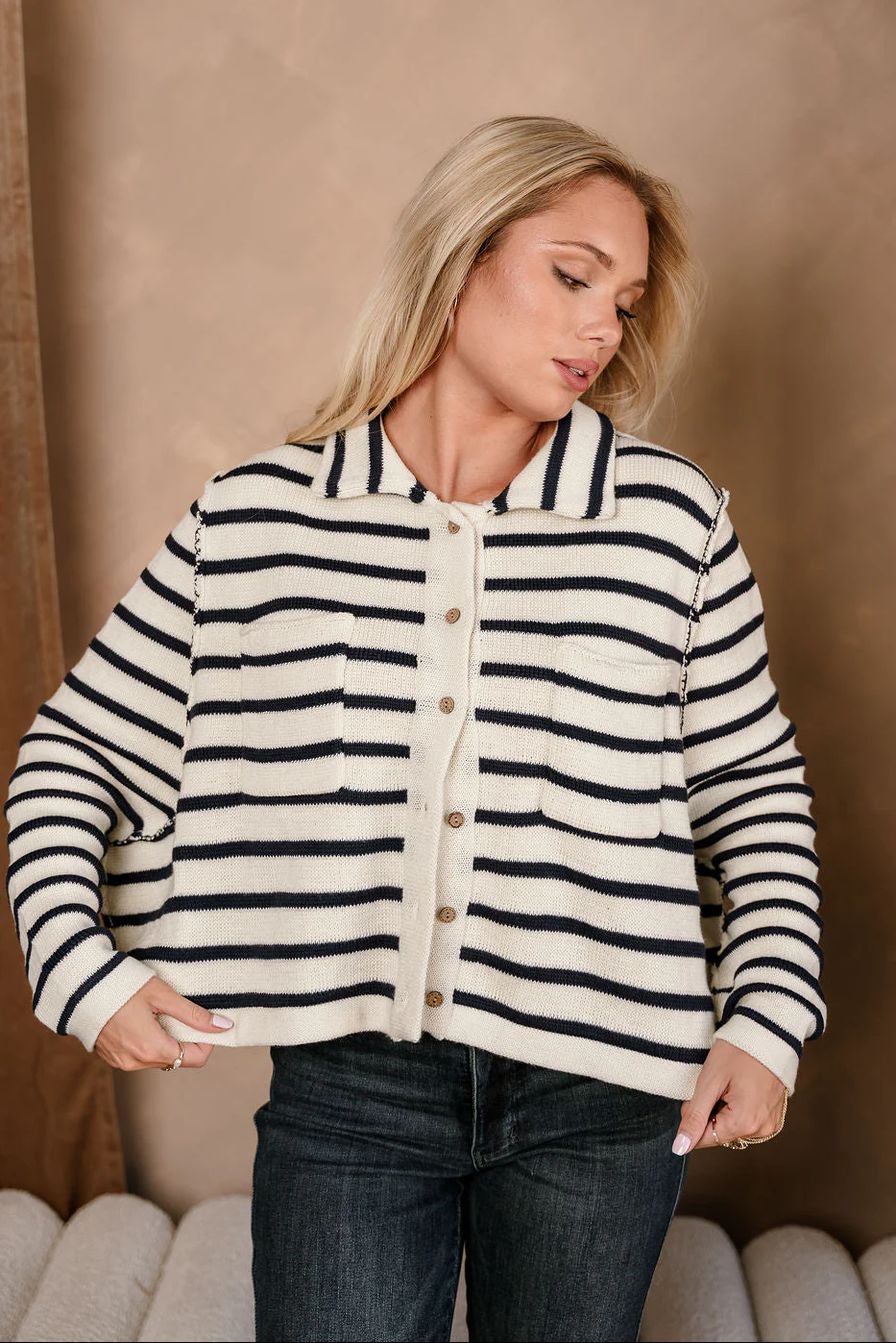 Thea Cream & Navy Stripe Knit Cardigan - Image 6