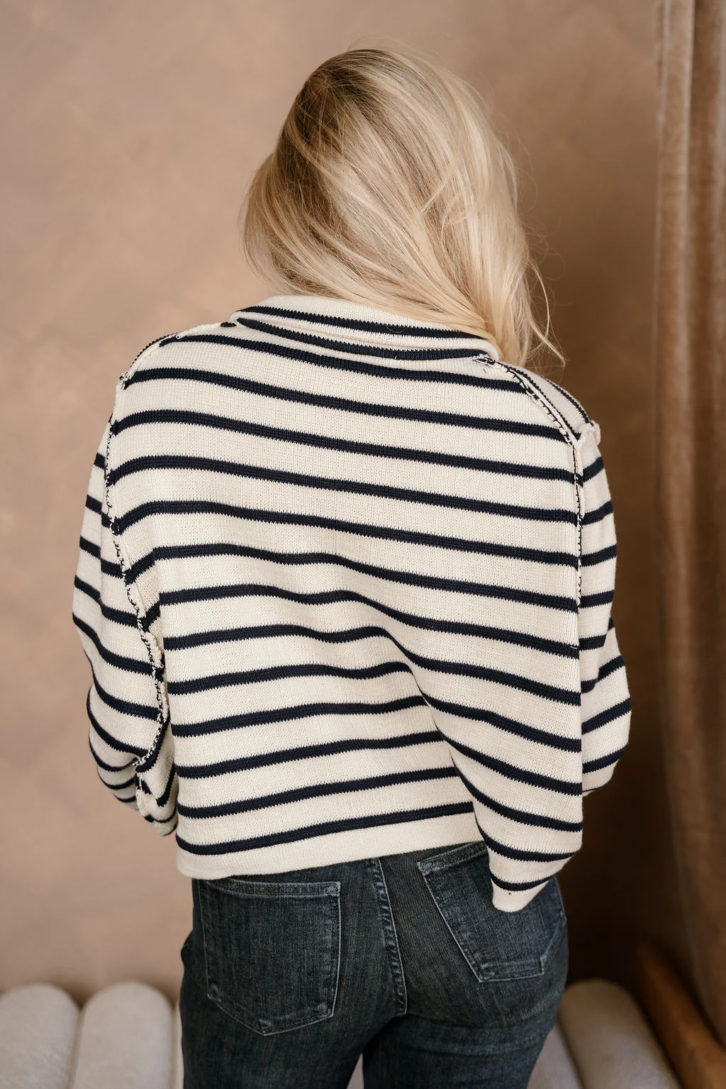 Thea Cream & Navy Stripe Knit Cardigan - Image 7