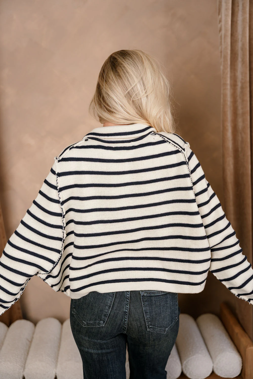 Thea Cream & Navy Stripe Knit Cardigan - Image 8